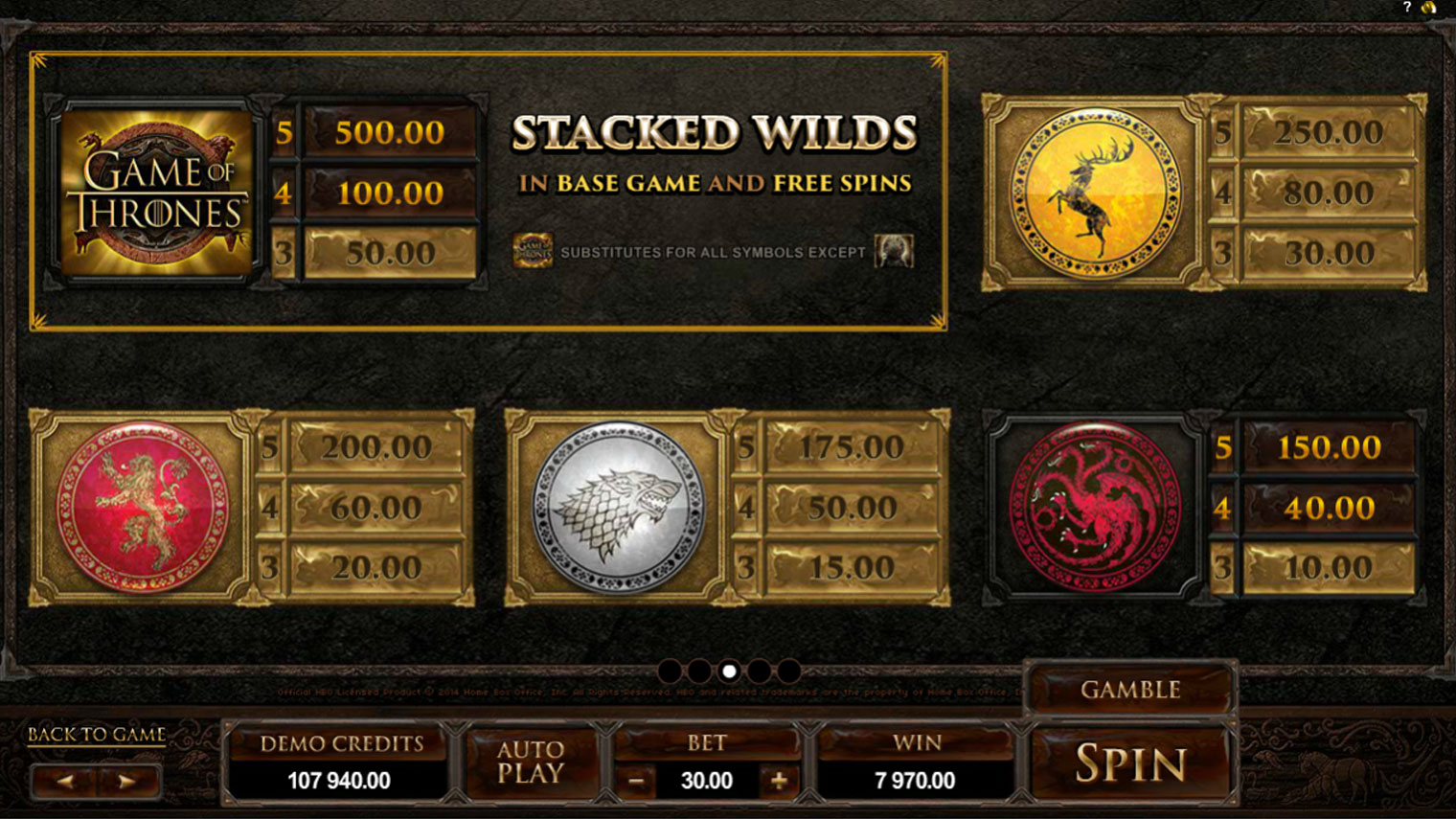 game of thrones slot screenshot