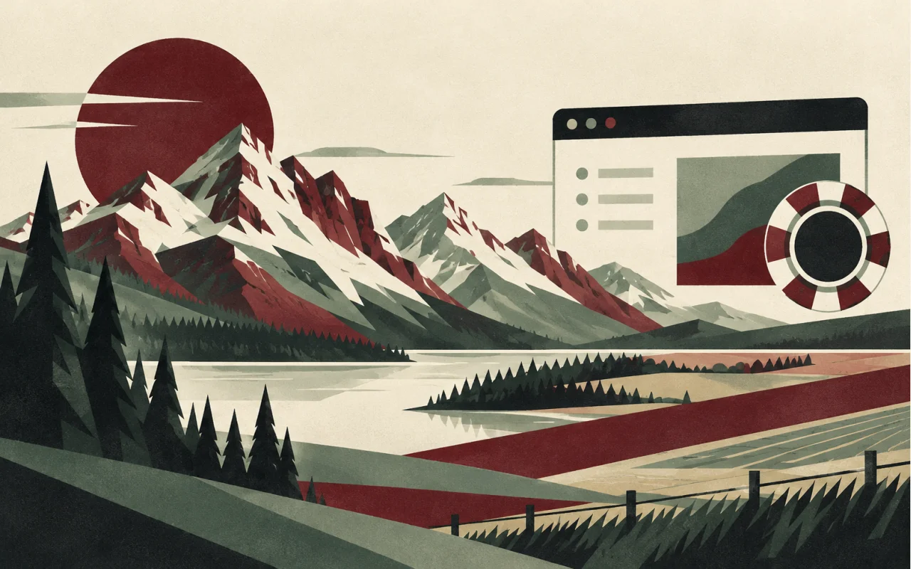 Geometric illustration of Alberta’s Rocky Mountains beside an online gaming window and chip.