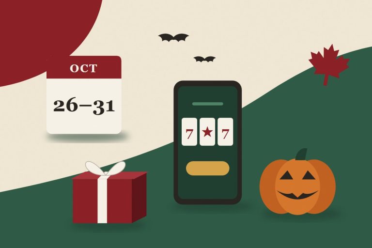 Illustration of a phone showing slot reels, a calendar for October 26 to 31, a gift box, a jack-o-lantern, bats and a maple leaf