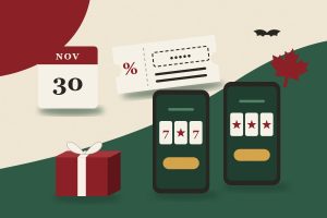 Illustration of two phones with slot reels, a bonus coupon with a hidden code, a November 30 calendar, a gift box and a maple leaf