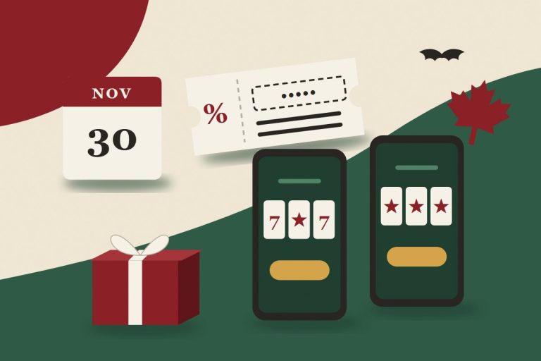 Illustration of two phones with slot reels, a bonus coupon with a hidden code, a November 30 calendar, a gift box and a maple leaf