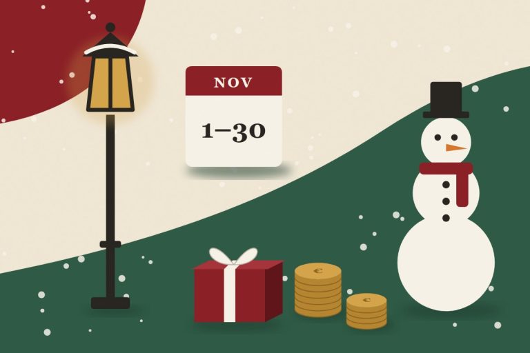 Illustration of a Victorian street lamp, a November calendar, stacks of euro coins, a gift box and a snowman in falling snow