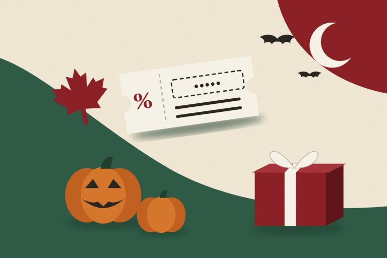 Illustration of a bonus coupon with a hidden code, a maple leaf, jack-o-lanterns, a gift box, bats and a crescent moon
