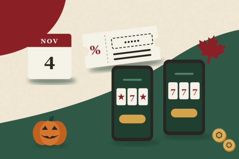 Flat illustration of a November 4 calendar page, a bonus coupon, two phones showing slot reels, a jack-o'-lantern, a maple leaf and gold coins